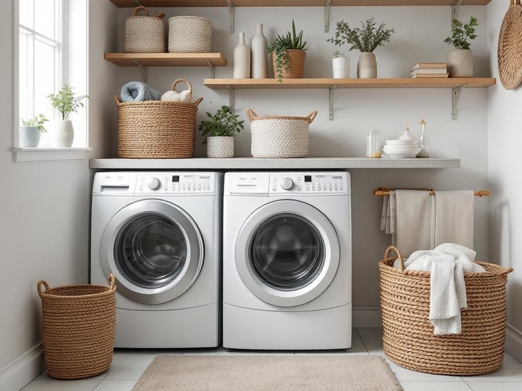 A stylish laundry room with two washing machines, woven baskets, and decorative shelves.