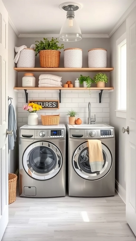 Stylish modern farmhouse laundry room with gray walls, shelves, and plants.