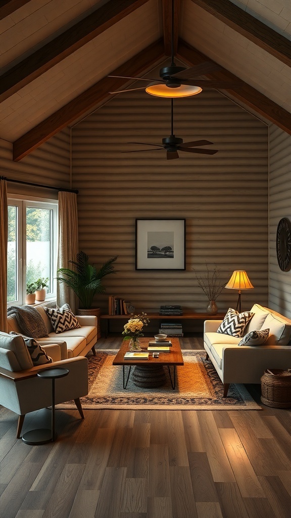 A cozy modern cottage living room with stylish lighting fixtures.