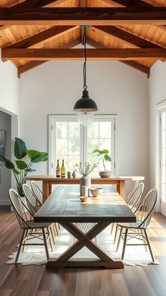 A modern farmhouse dining area featuring a stylish pendant light above a rustic wooden table, surrounded by elegant chairs and plants.