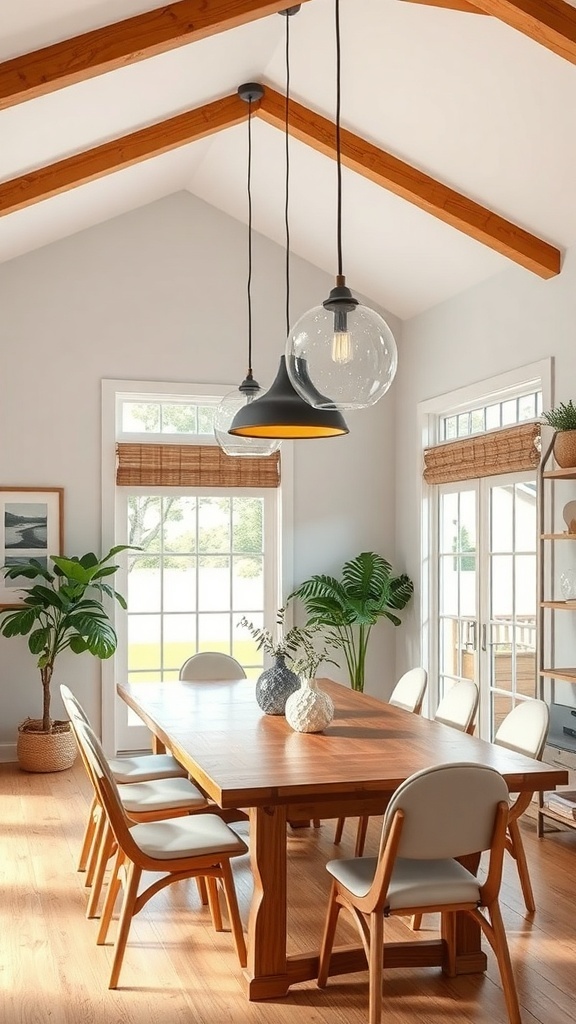Stylish pendant lights hanging over a wooden dining table in a modern farmhouse interior.