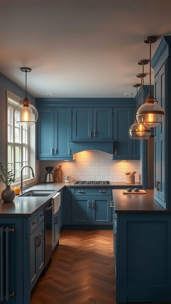 A blue farmhouse kitchen with stylish pendant lighting