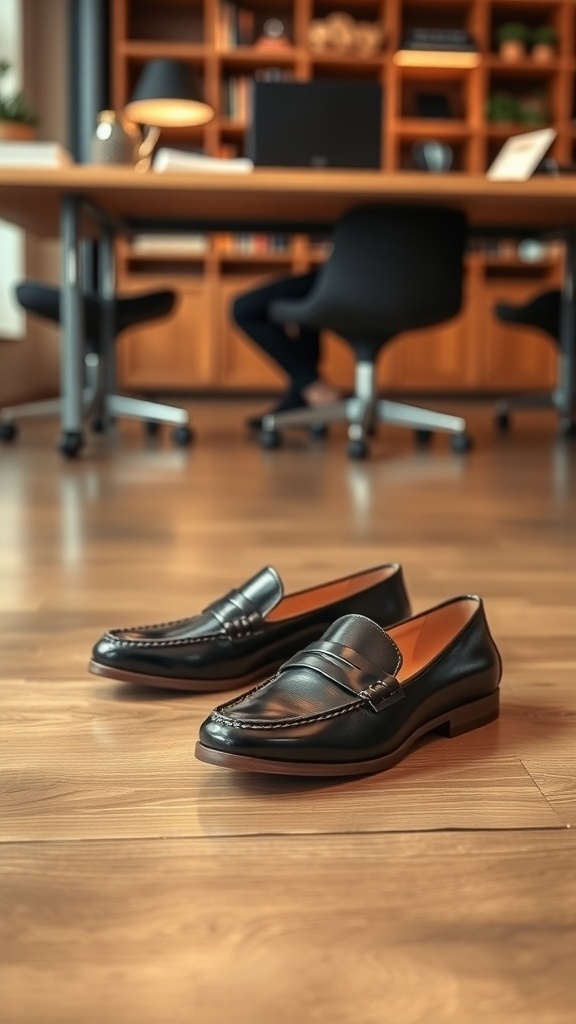 A pair of stylish black loafers on a wooden floor in an office setting.