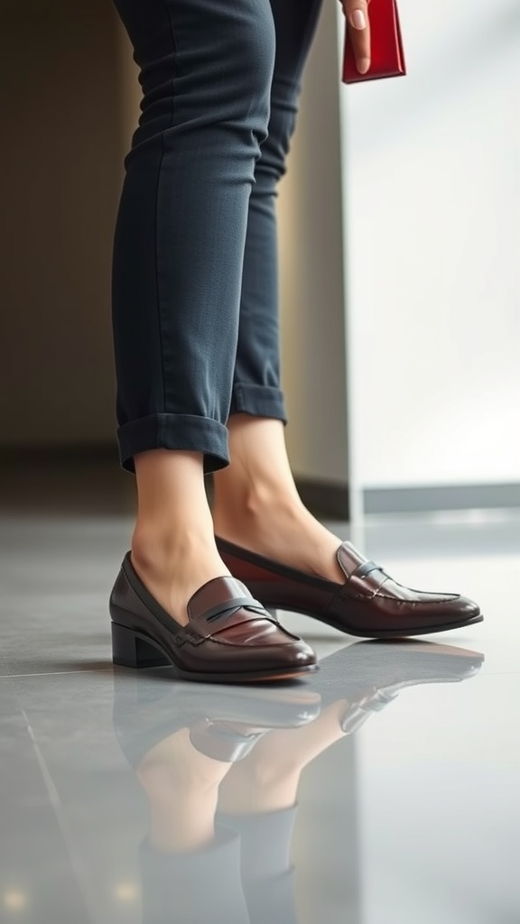 A close-up of stylish loafers worn with tailored pants, showcasing comfort and elegance.