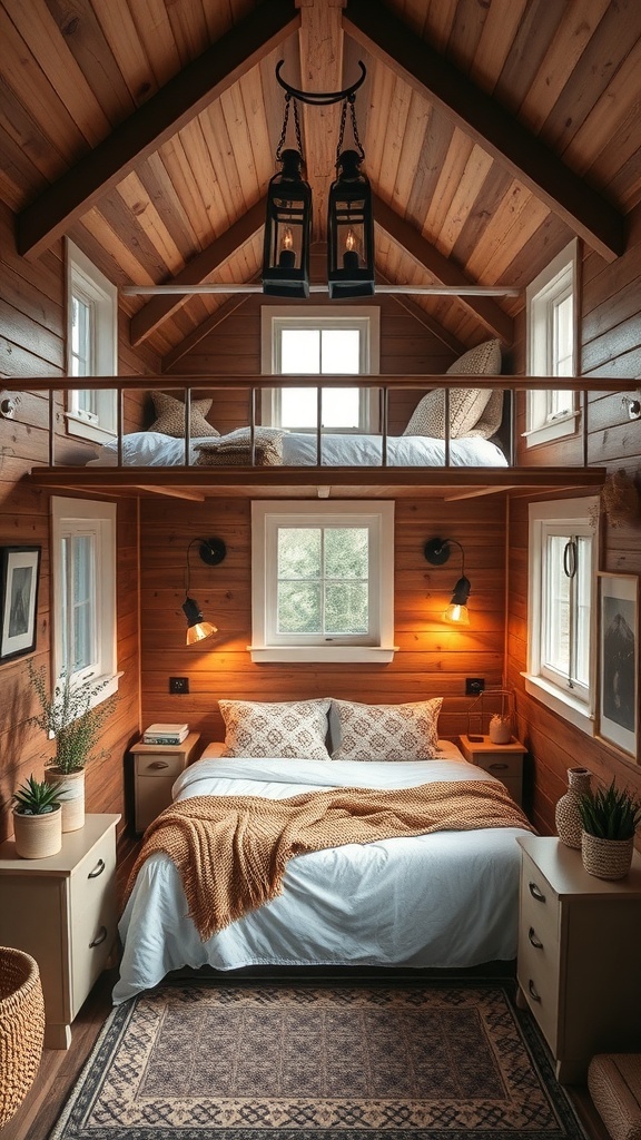 Cozy loft bedroom in a tiny cabin with wooden walls and warm lighting.