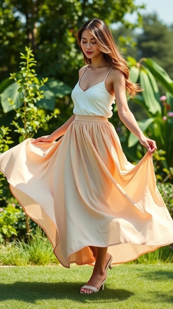 A young woman wearing a flowing peach maxi skirt and a white tank top, enjoying a sunny day outdoors.