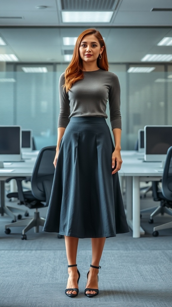 A woman wearing a stylish midi skirt and fitted top in an office setting.