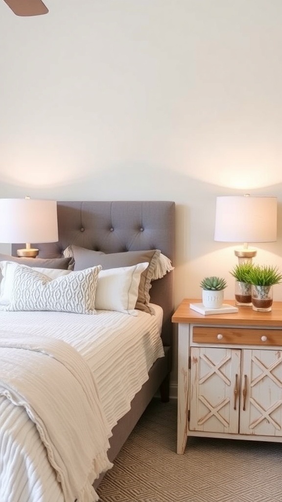 A modern farmhouse bedroom featuring a stylish wooden nightstand with a lamp and decorative items.