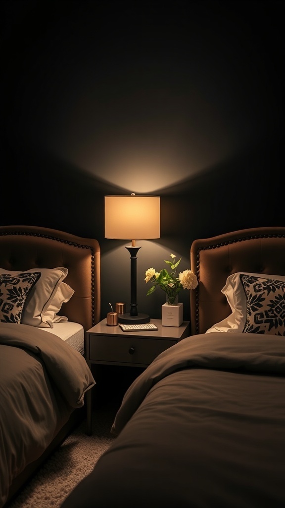 A cozy dark bedroom with stylish nightstands, featuring a lamp and flowers.