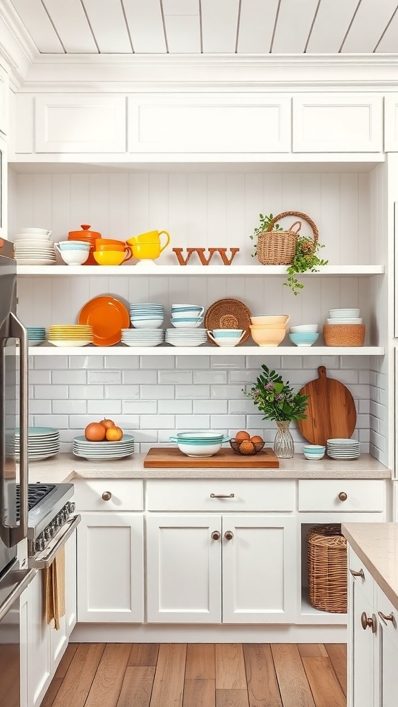 Open shelving displaying colorful dishes in a white farmhouse kitchen.