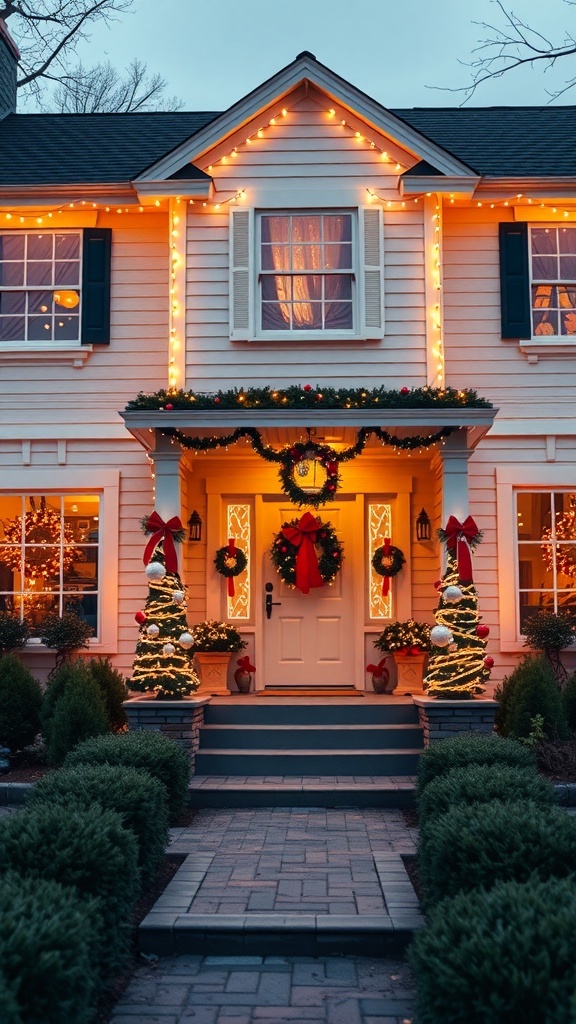 A beautifully decorated house for Christmas with lights, wreaths, and festive touches.