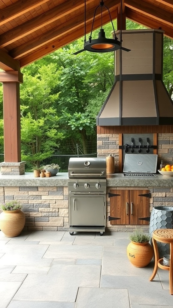 Stylish outdoor kitchen with grill and seating in a modern farmhouse backyard.