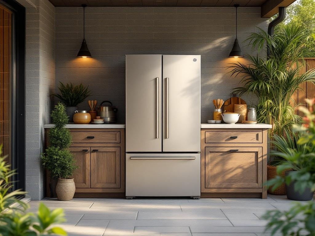 A stylish outdoor kitchen featuring a modern refrigerator, wooden cabinetry, and greenery.