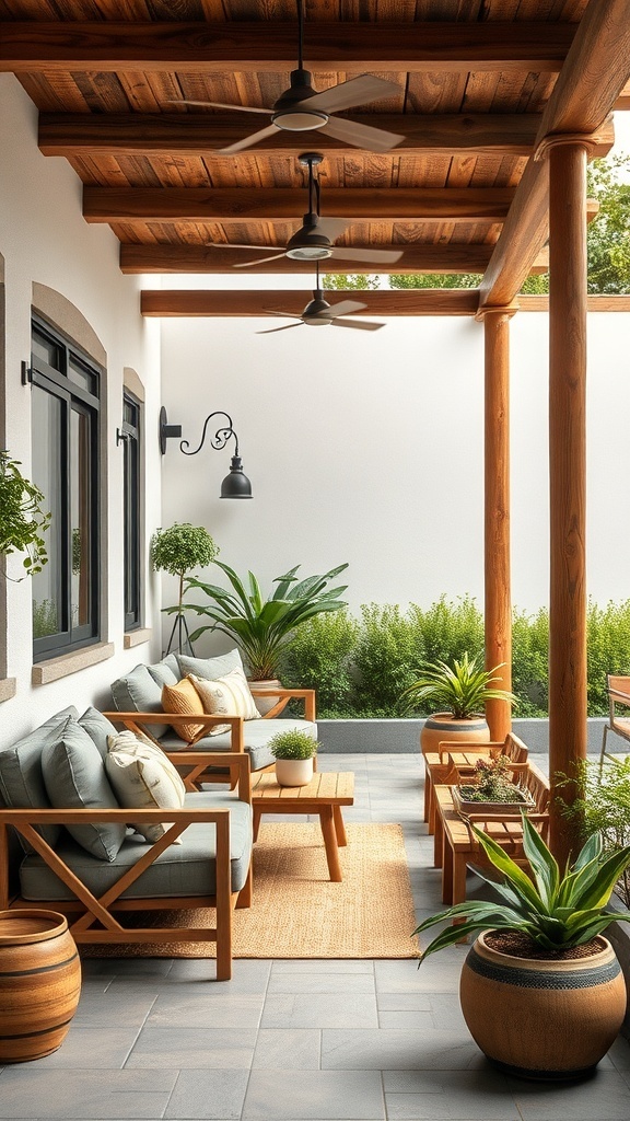 A stylish outdoor space featuring comfortable seating, wooden accents, and lush greenery.
