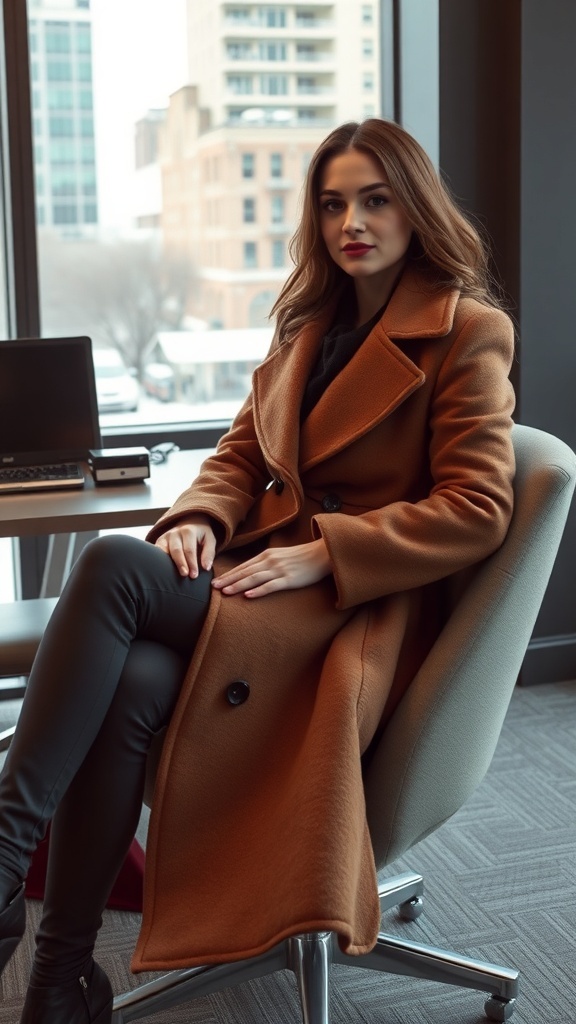 A black overcoat draped over an office chair in a modern office setting.