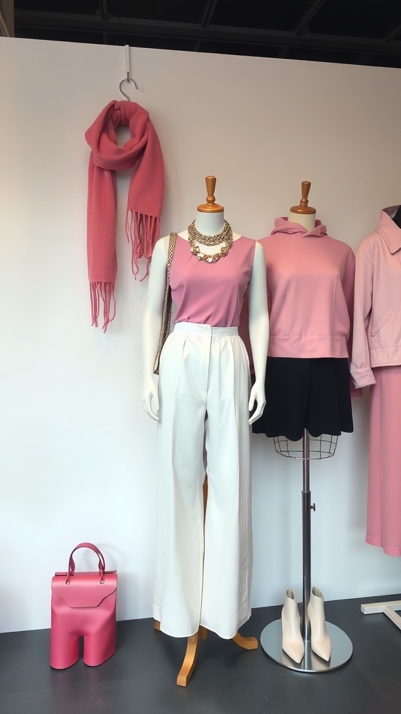 Stylish pink fashion display with outfits and accessories.