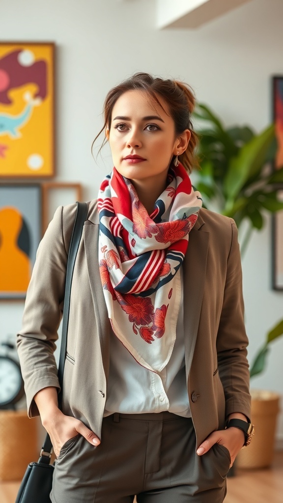 A woman in a tailored suit wearing a colorful printed scarf, standing in a modern office setting.