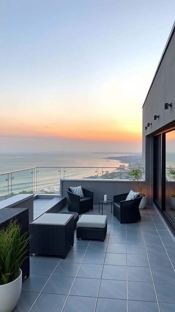 Stylish rooftop deck with seating and sunset view over the ocean