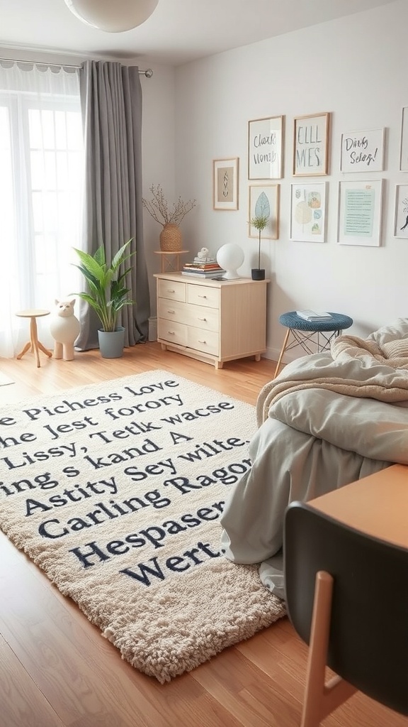 A cozy dorm room featuring a fluffy rug with playful text, wooden flooring, and stylish decor.