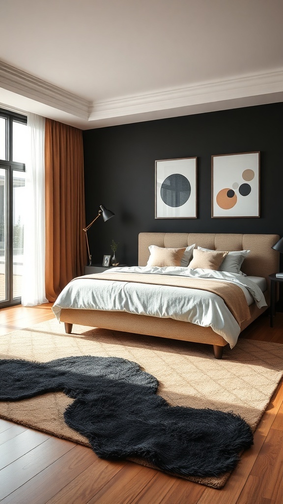 A stylish black and tan bedroom featuring a cozy rug.