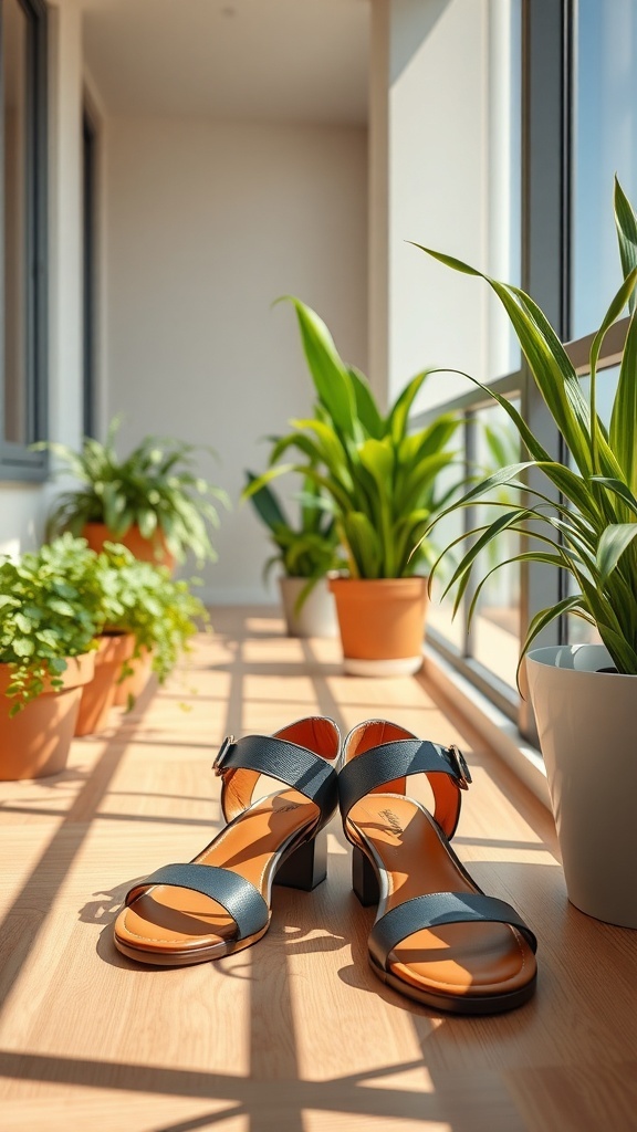 A pair of stylish black sandals placed on a wooden floor with plants in the background.