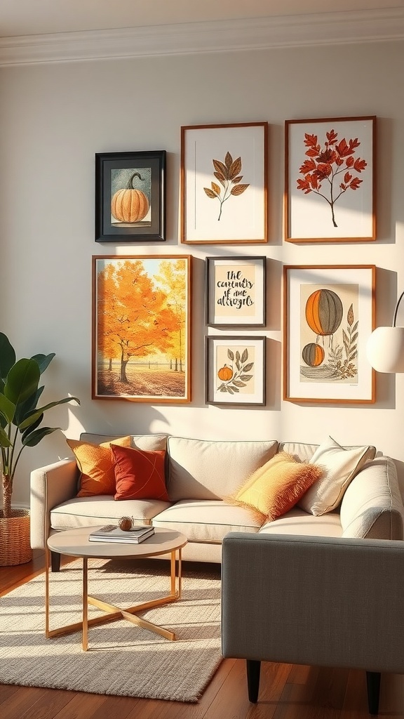 Cozy living room with fall-themed artwork and warm decor