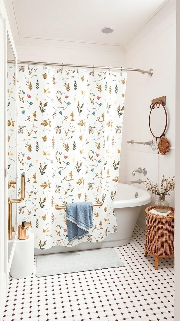 A modern farmhouse bathroom featuring a floral shower curtain, a bathtub, and stylish decor.