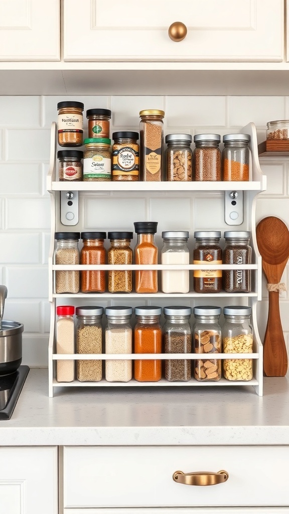 A stylish spice rack with various jars organized neatly on a kitchen counter.