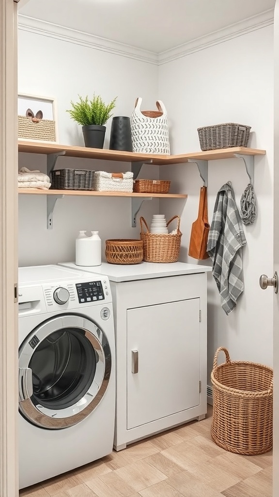 A bright and organized laundry room with open shelving, decorative baskets, and a washing machine.