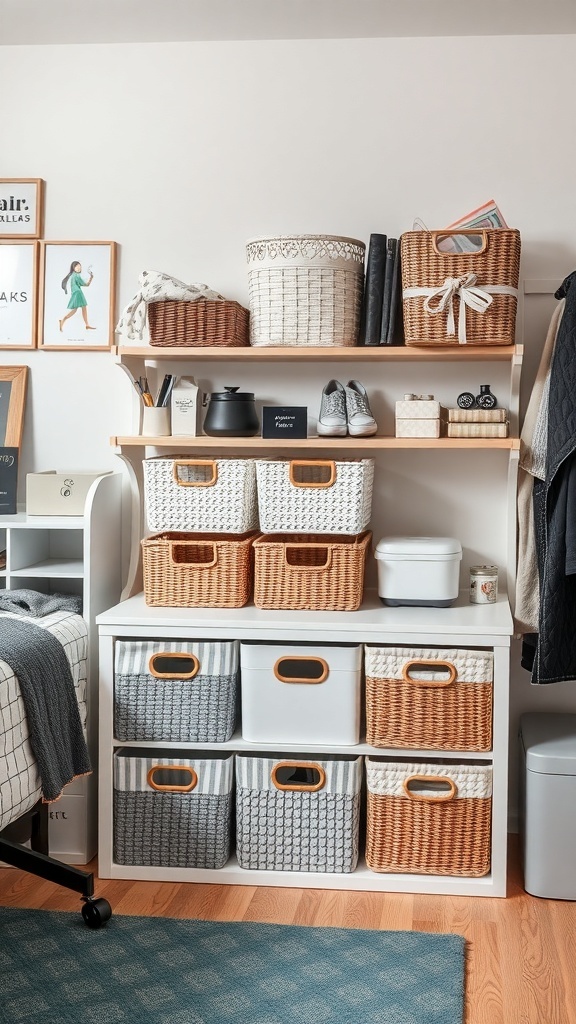 A cozy dorm room with stylish storage solutions, featuring woven baskets and storage boxes on a shelving unit.