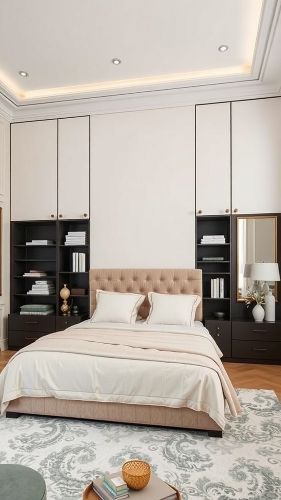 A stylish bedroom with built-in storage solutions, featuring a tufted bed, dark wood cabinetry, and decorative items.
