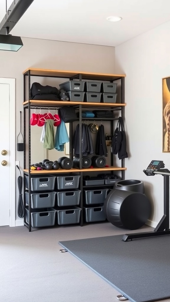 Stylish storage solutions in a home gym with shelves and bins for organization