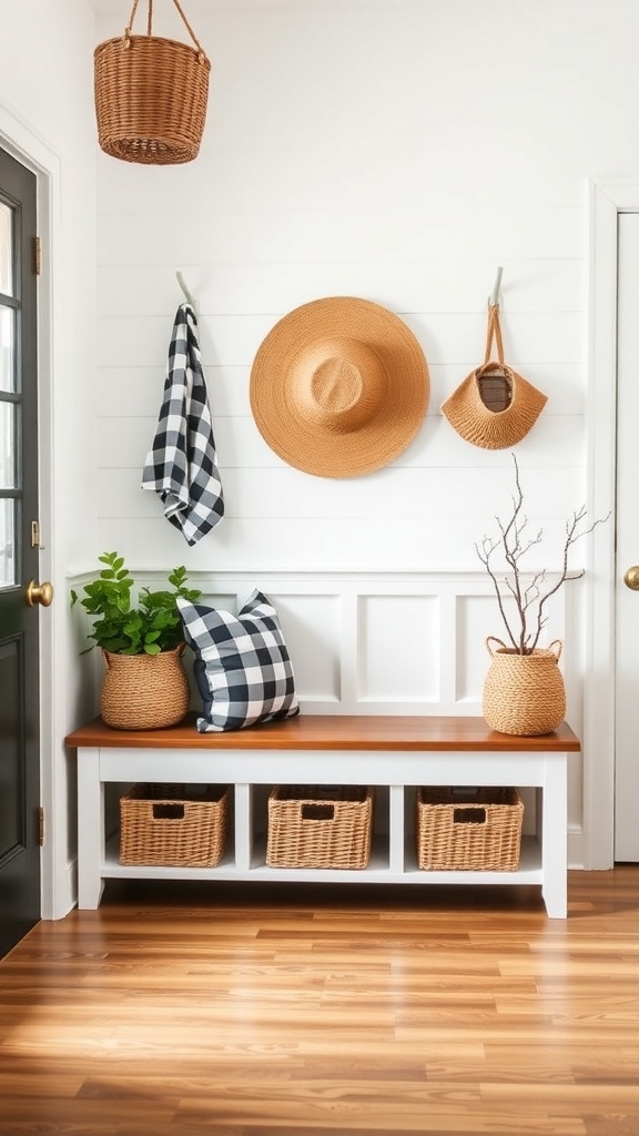 A modern farmhouse entryway featuring a bench with woven baskets, wall hooks, and decorative items.
