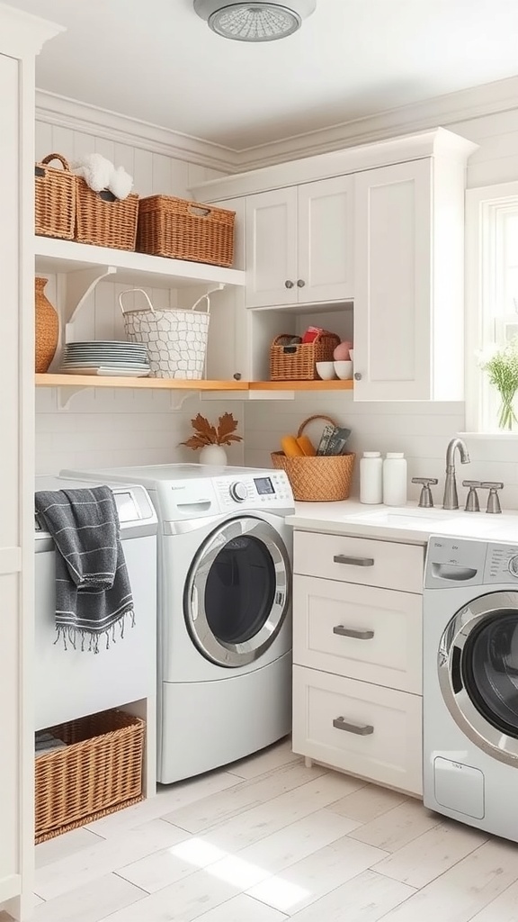 Modern farmhouse laundry room with stylish storage solutions including open shelves and woven baskets.