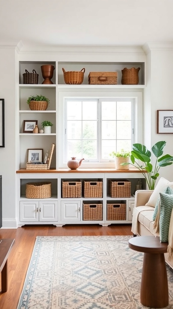 Modern farmhouse living room with stylish storage solutions featuring open shelves and woven baskets.