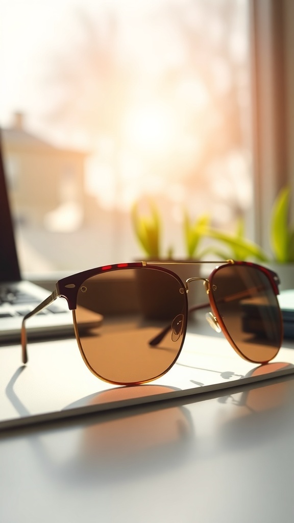 Stylish sunglasses on a desk with a blurred outdoor background