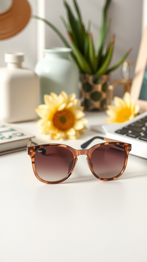 Stylish tortoiseshell sunglasses on a table with flowers and a laptop