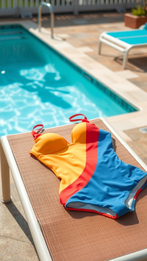 Colorful one-piece swimsuit on a lounge chair by a pool