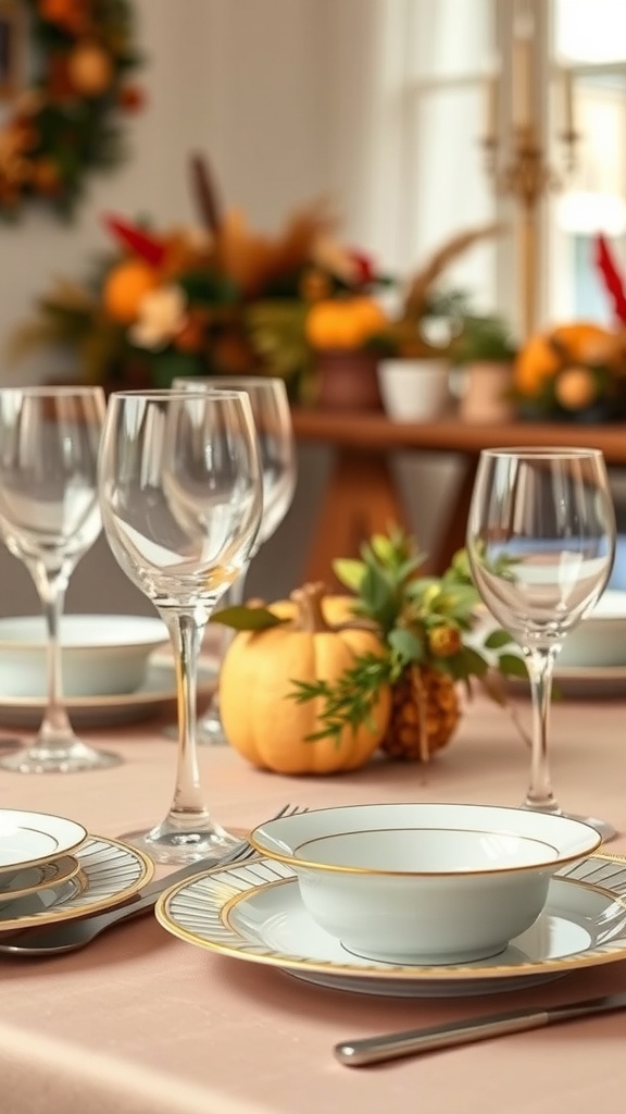 Elegant Thanksgiving table setting with stylish tableware, including plates, bowls, and glassware, adorned with a pumpkin centerpiece.