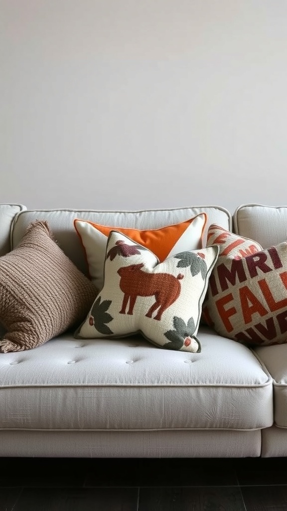 A cozy couch with a variety of stylish throw pillows in warm tones and different textures.