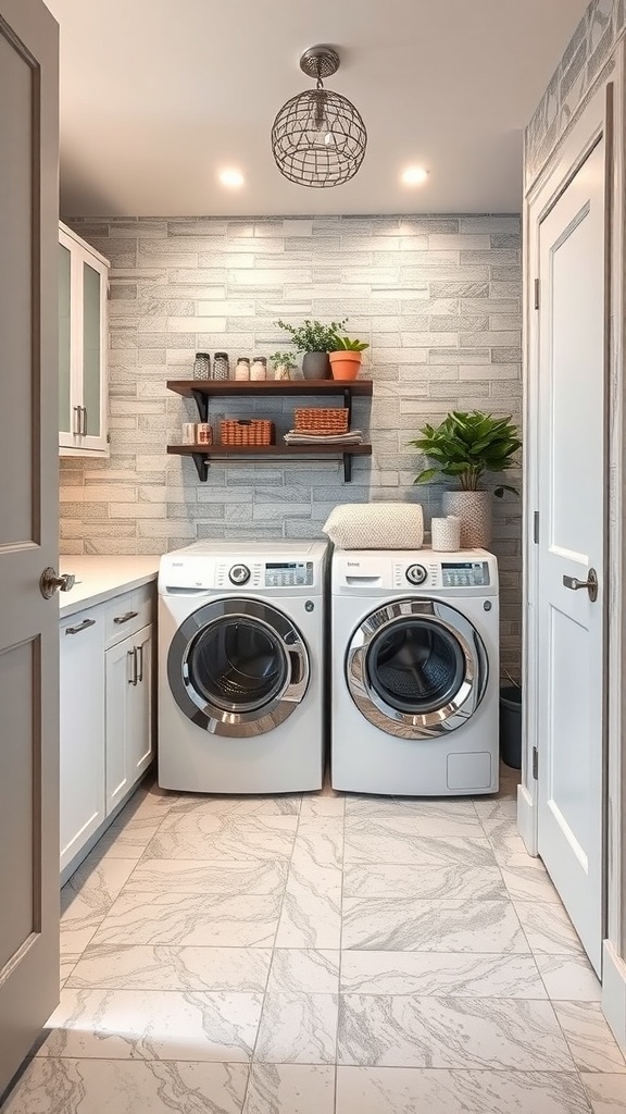 A stylish laundry room featuring marble-like flooring, white appliances, and textured wall tiles.