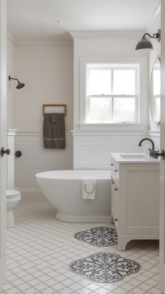 A modern farmhouse master bath featuring white subway tiles and patterned floor tiles.