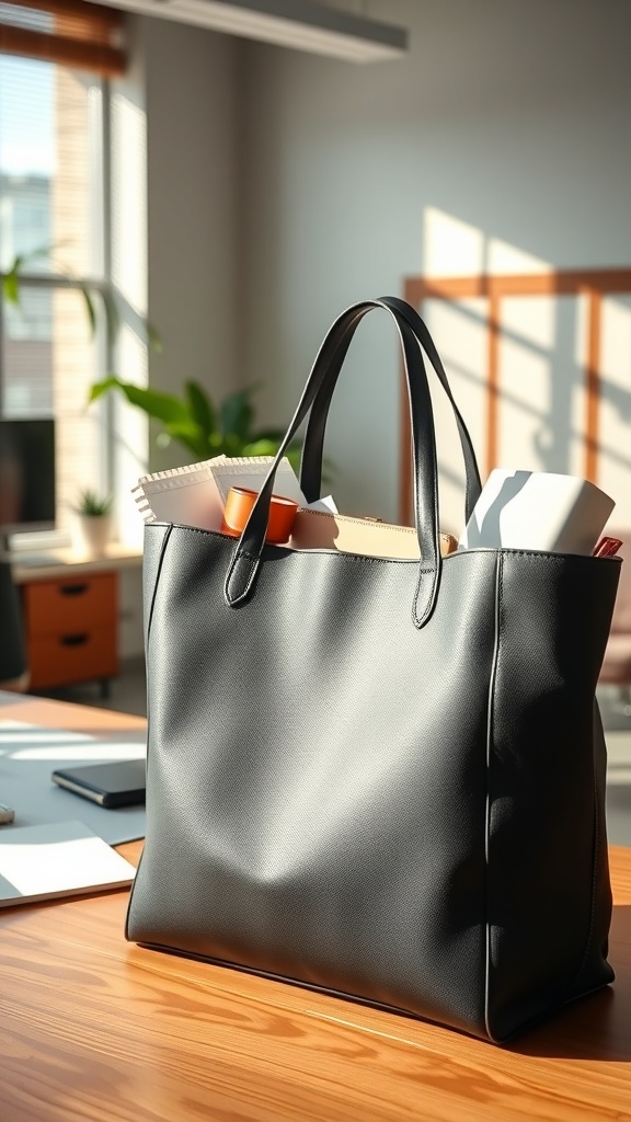 A stylish black tote bag filled with work essentials, placed on a wooden desk in a bright office setting.