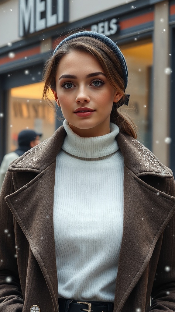 A woman wearing a white turtleneck and brown coat, with snowflakes falling around her.