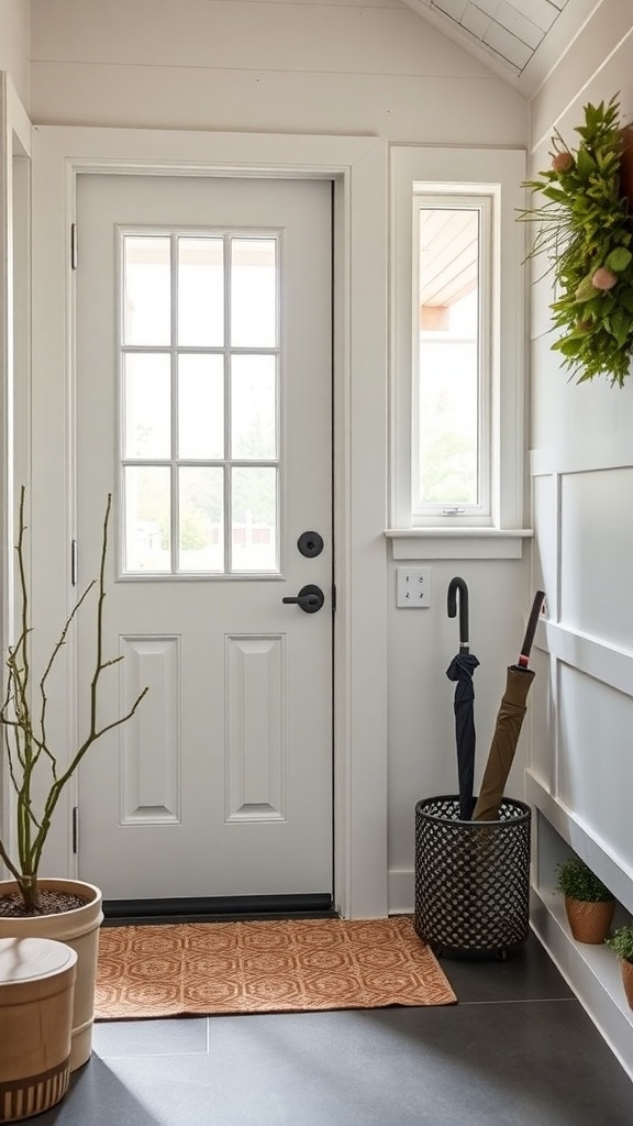 A modern farmhouse entryway featuring a door, a stylish umbrella stand, and decorative plants.