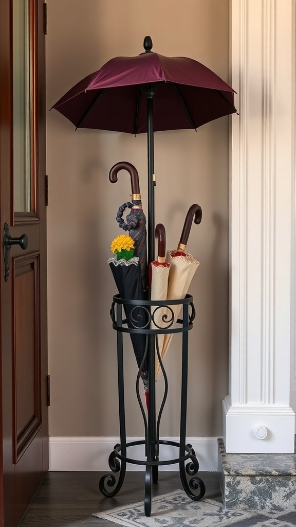 A stylish black umbrella stand holding several umbrellas in a cozy entryway.
