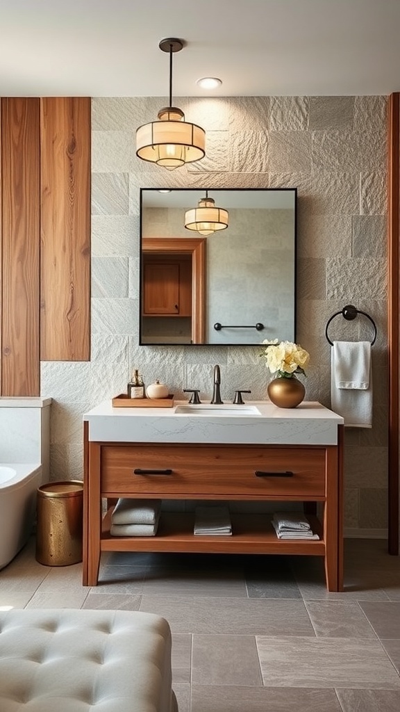 A rustic modern bathroom featuring a stylish wooden vanity with a white countertop and decorative elements.