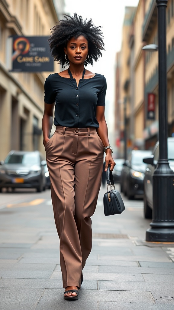 A stylish black woman walking in the city wearing wide-leg trousers and a fitted black top.
