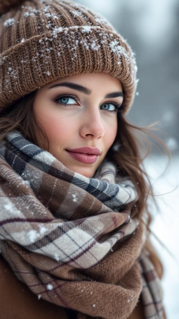 A young woman wearing a brown knitted hat and a plaid scarf in a snowy landscape.