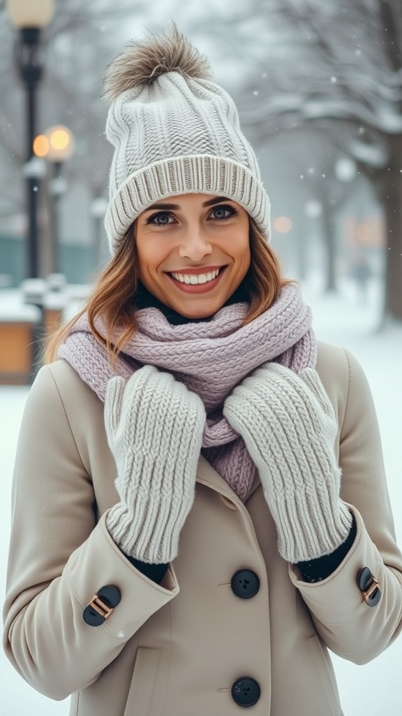 A woman smiling in winter attire, wearing a knitted hat, scarf, and mittens in a snowy setting.